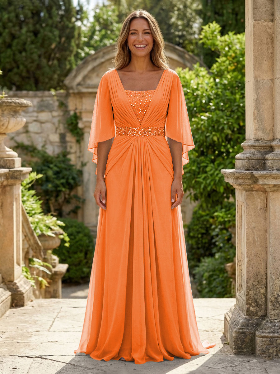 A-Line Chiffon Pleated Long Mother of the Bride & Groom Dresses with 3/4 Flutter Sleeves & Sequin Waist (SHI22500702)