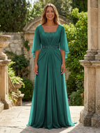 A-Line Chiffon Pleated Long Mother of the Bride & Groom Dresses with 3/4 Flutter Sleeves & Sequin Waist (SHI22500702)
