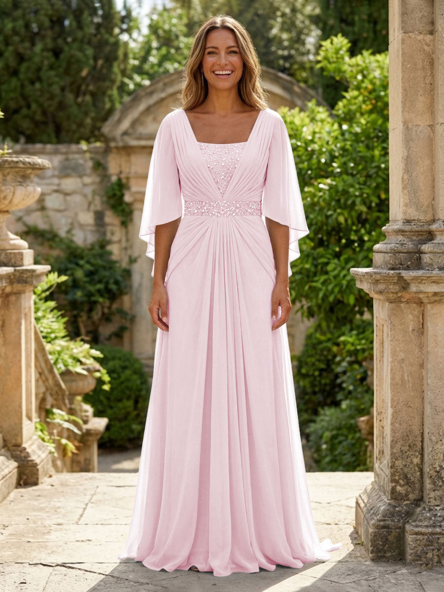 A-Line Chiffon Pleated Long Mother of the Bride & Groom Dresses with 3/4 Flutter Sleeves & Sequin Waist (SHI22500702)
