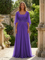 A-Line Chiffon Pleated Long Mother of the Bride & Groom Dresses with 3/4 Flutter Sleeves & Sequin Waist (SHI22500702)