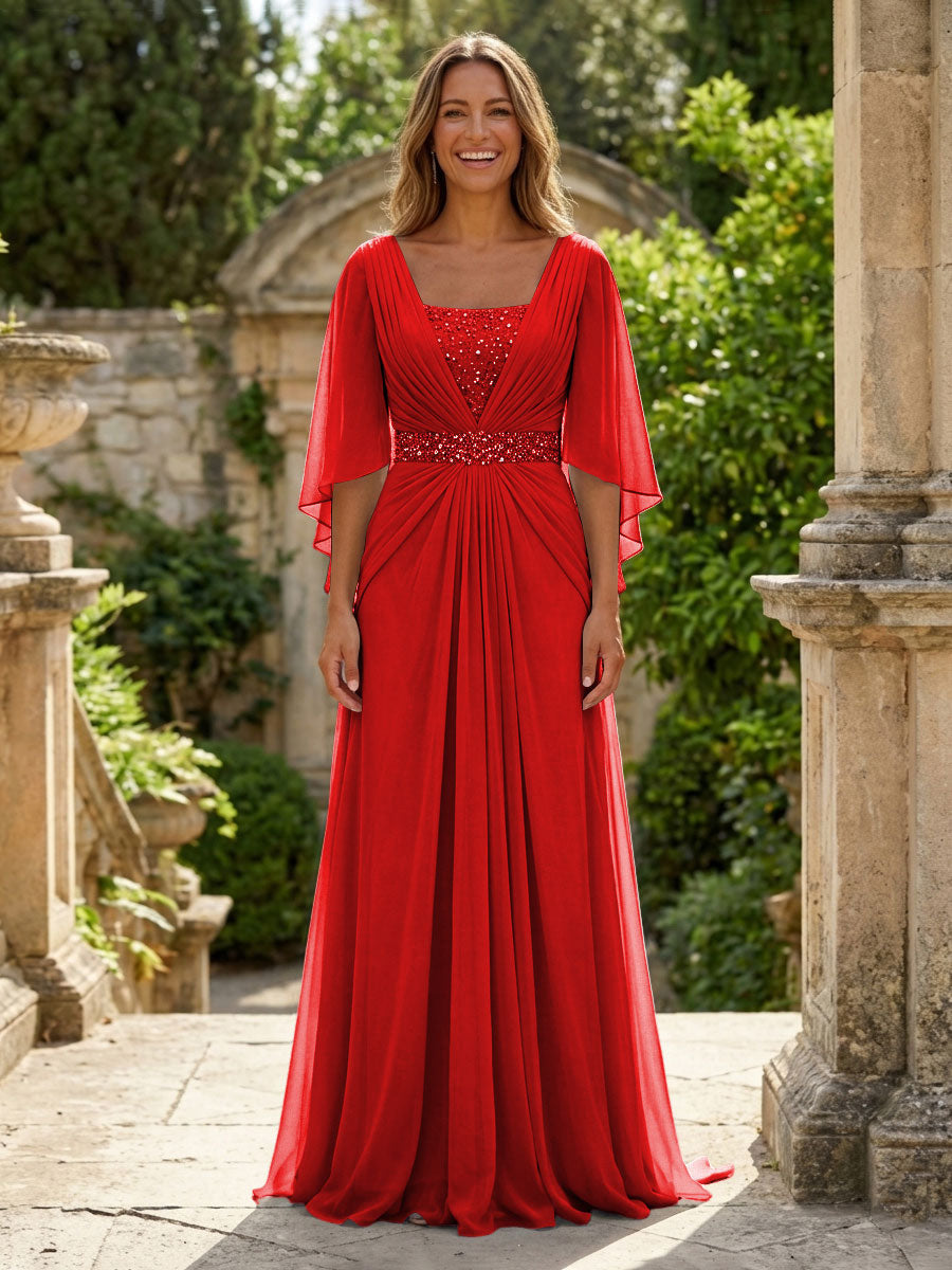 A-Line Chiffon Pleated Long Mother of the Bride & Groom Dresses with 3/4 Flutter Sleeves & Sequin Waist (SHI22500702)