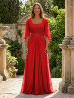 A-Line Chiffon Pleated Long Mother of the Bride & Groom Dresses with 3/4 Flutter Sleeves & Sequin Waist (SHI22500702)