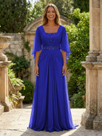 A-Line Chiffon Pleated Long Mother of the Bride & Groom Dresses with 3/4 Flutter Sleeves & Sequin Waist (SHI22500702)