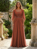 A-Line Chiffon Pleated Long Mother of the Bride & Groom Dresses with 3/4 Flutter Sleeves & Sequin Waist (SHI22500702)