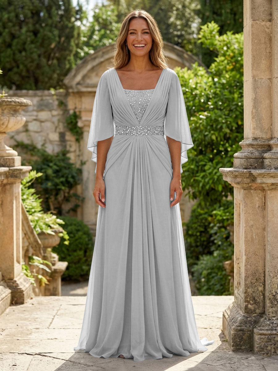 A-Line Chiffon Pleated Long Mother of the Bride & Groom Dresses with 3/4 Flutter Sleeves & Sequin Waist (SHI22500702)