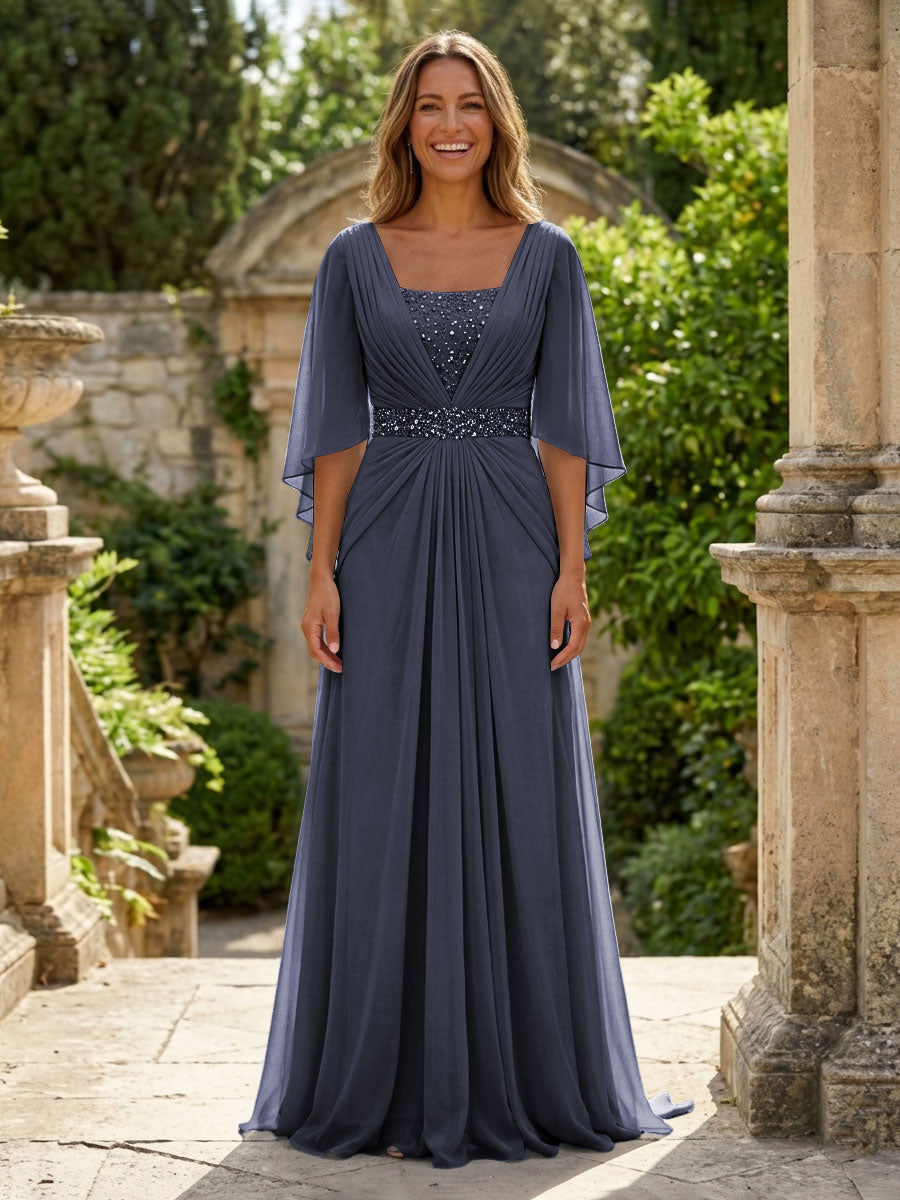 A-Line Chiffon Pleated Long Mother of the Bride & Groom Dresses with 3/4 Flutter Sleeves & Sequin Waist (SHI22500702)