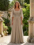 A-Line Chiffon Pleated Long Mother of the Bride & Groom Dresses with 3/4 Flutter Sleeves & Sequin Waist (SHI22500702)