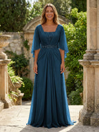 A-Line Chiffon Pleated Long Mother of the Bride & Groom Dresses with 3/4 Flutter Sleeves & Sequin Waist (SHI22500702)