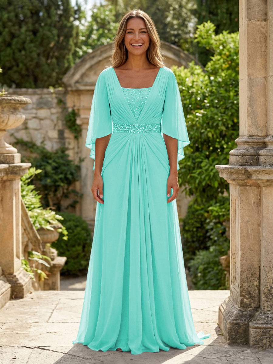 A-Line Chiffon Pleated Long Mother of the Bride & Groom Dresses with 3/4 Flutter Sleeves & Sequin Waist (SHI22500702)