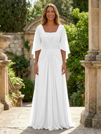 A-Line Chiffon Pleated Long Mother of the Bride & Groom Dresses with 3/4 Flutter Sleeves & Sequin Waist (SHI22500702)