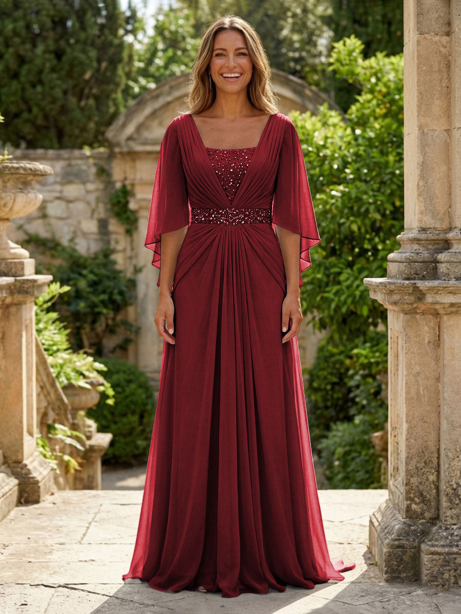 A-Line Chiffon Pleated Long Mother of the Bride & Groom Dresses with 3/4 Flutter Sleeves & Sequin Waist (SHI22500702)