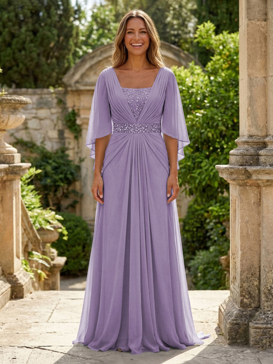 A-Line Chiffon Pleated Long Mother of the Bride & Groom Dresses with 3/4 Flutter Sleeves & Sequin Waist (SHI22500702)