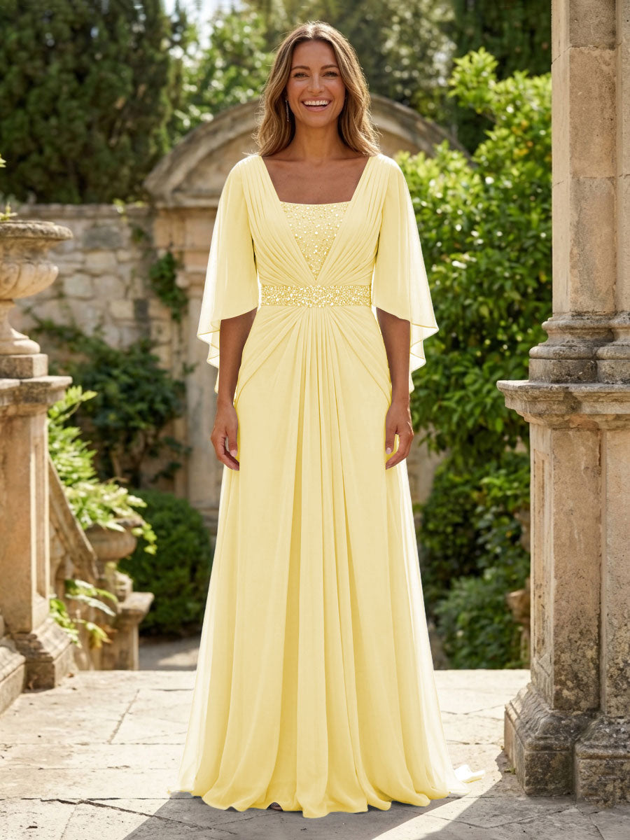A-Line Chiffon Pleated Long Mother of the Bride & Groom Dresses with 3/4 Flutter Sleeves & Sequin Waist (SHI22500702)