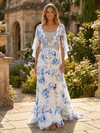 A-Line Chiffon Cape Sleeves Floor-Length Mother of the Bride & Groom Dresses with Ruched Waist (SHI22500705)