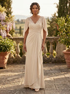 Sheath/Column Scoop Neck Chiffon Maxi Mother of the Bride & Groom Dresses with Lace Appliques, Sweep Train & Ruched Waist (SHI22501642)
