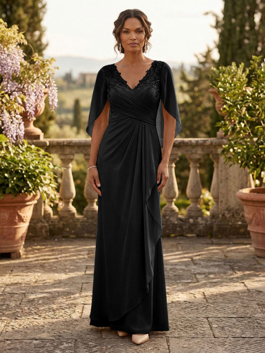 A-Line Chiffon Cape Sleeves Floor-Length Mother of the Bride & Groom Dresses with Ruched Waist (SHI22500705)
