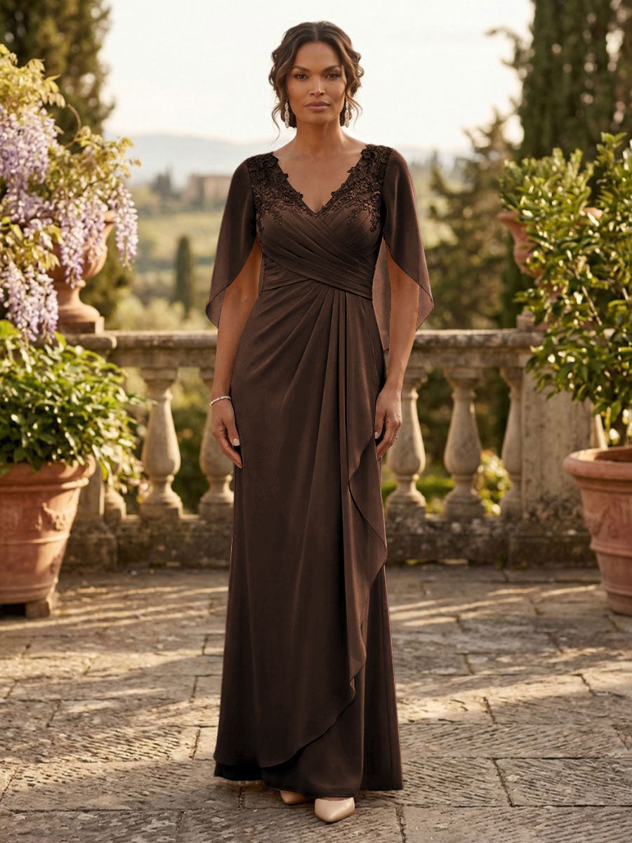 A-Line Chiffon Cape Sleeves Floor-Length Mother of the Bride & Groom Dresses with Ruched Waist (SHI22500705)