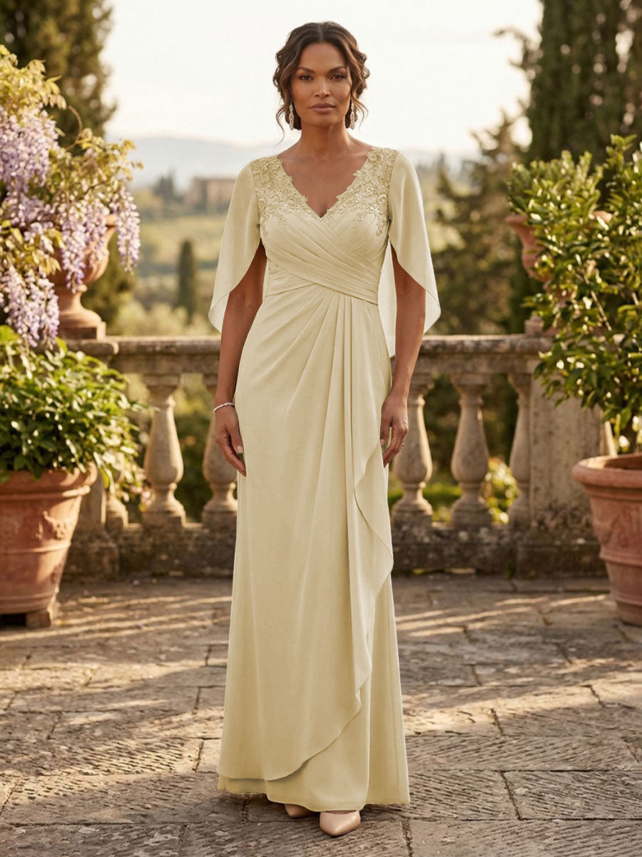 A-Line Chiffon Cape Sleeves Floor-Length Mother of the Bride & Groom Dresses with Ruched Waist (SHI22500705)
