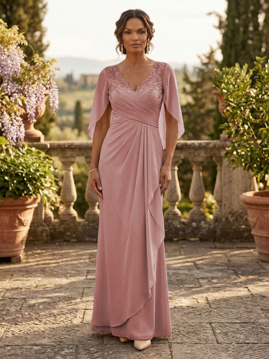 A-Line Chiffon Cape Sleeves Floor-Length Mother of the Bride & Groom Dresses with Ruched Waist (SHI22500705)