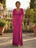 A-Line Chiffon Cape Sleeves Floor-Length Mother of the Bride & Groom Dresses with Ruched Waist (SHI22500705)