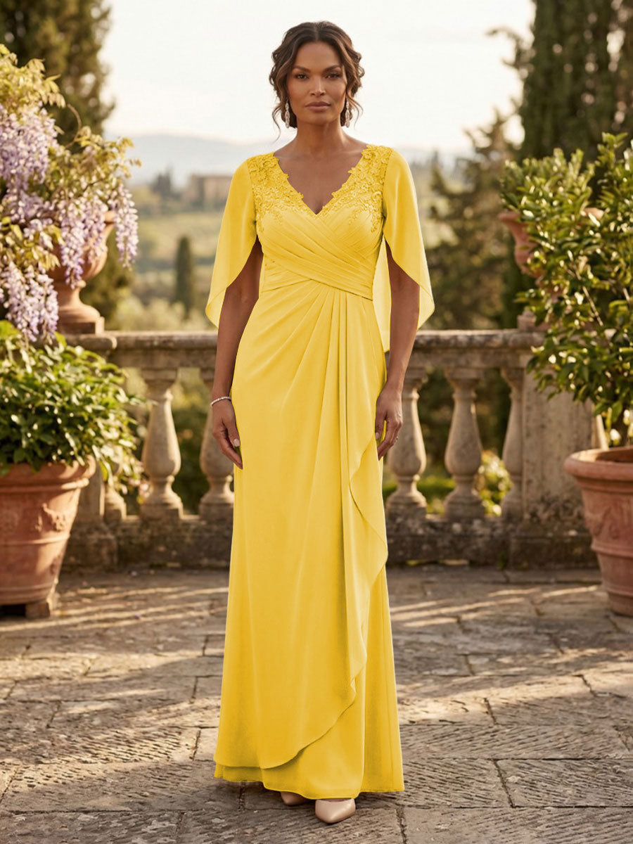 A-Line Chiffon Cape Sleeves Floor-Length Mother of the Bride & Groom Dresses with Ruched Waist (SHI22500705)