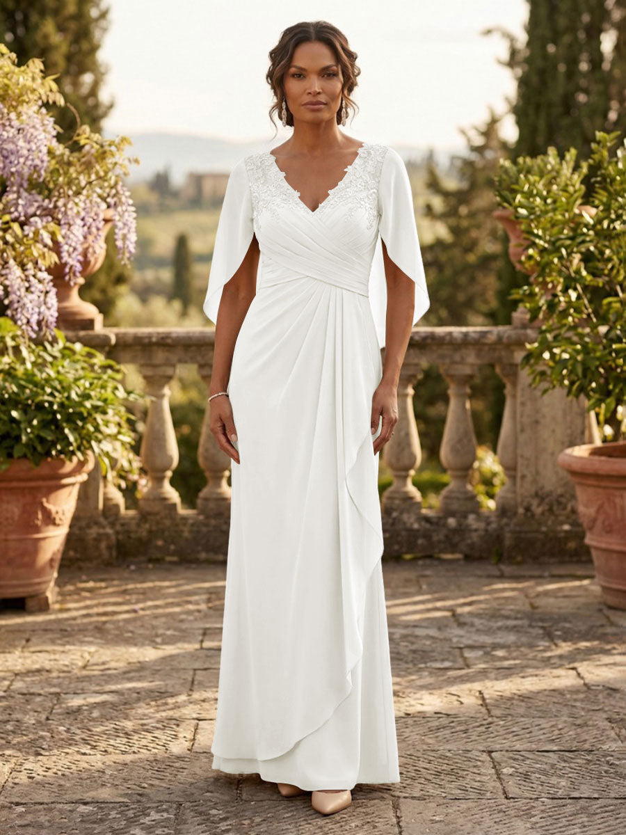 A-Line Chiffon Cape Sleeves Floor-Length Mother of the Bride & Groom Dresses with Ruched Waist (SHI22500705)