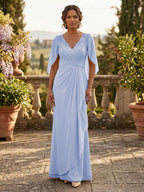 A-Line Chiffon Cape Sleeves Floor-Length Mother of the Bride & Groom Dresses with Ruched Waist (SHI22500705)