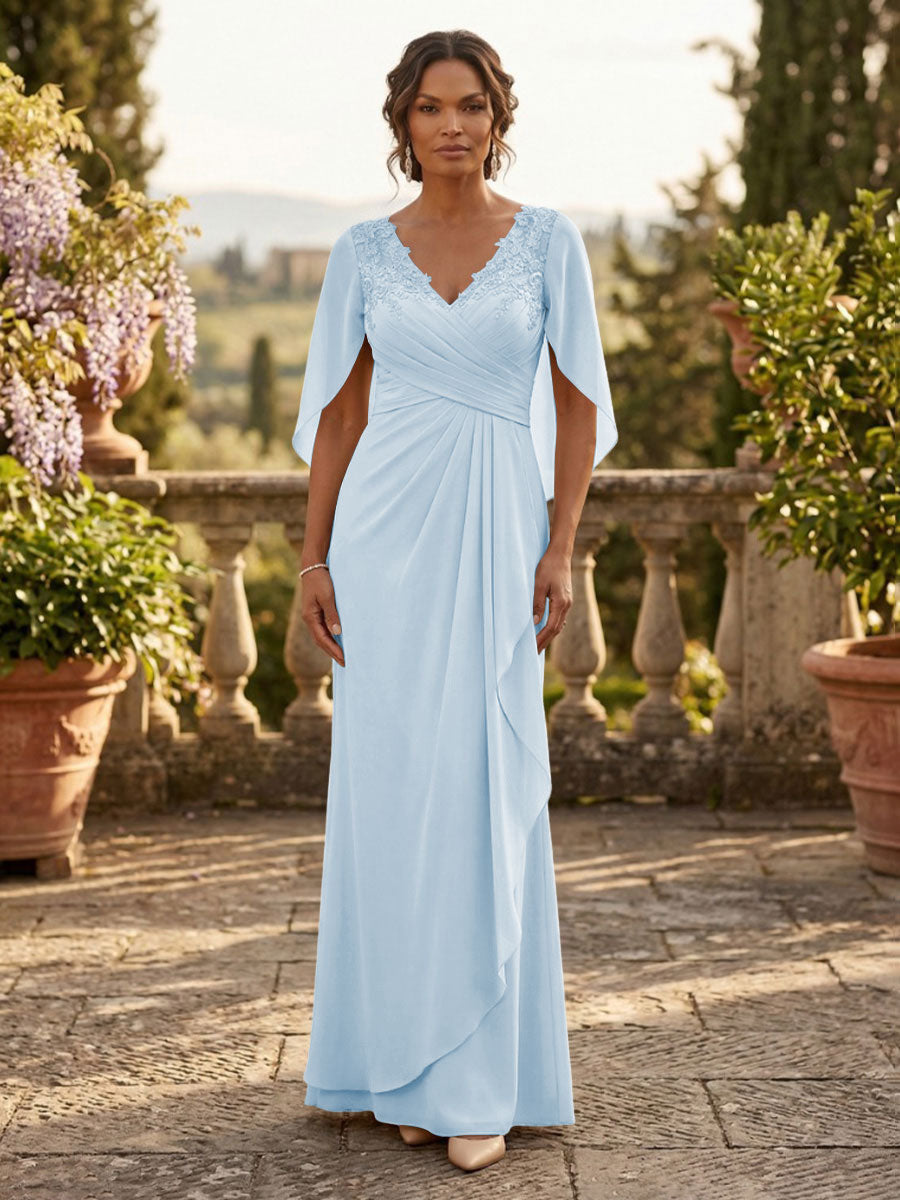 A-Line Chiffon Cape Sleeves Floor-Length Mother of the Bride & Groom Dresses with Ruched Waist (SHI22500705)