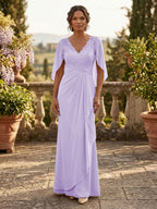 A-Line Chiffon Cape Sleeves Floor-Length Mother of the Bride & Groom Dresses with Ruched Waist (SHI22500705)