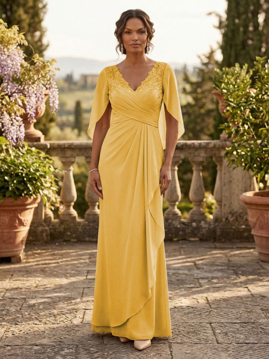 A-Line Chiffon Cape Sleeves Floor-Length Mother of the Bride & Groom Dresses with Ruched Waist (SHI22500705)