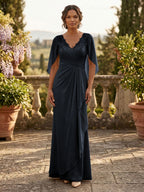 A-Line Chiffon Cape Sleeves Floor-Length Mother of the Bride & Groom Dresses with Ruched Waist (SHI22500705)