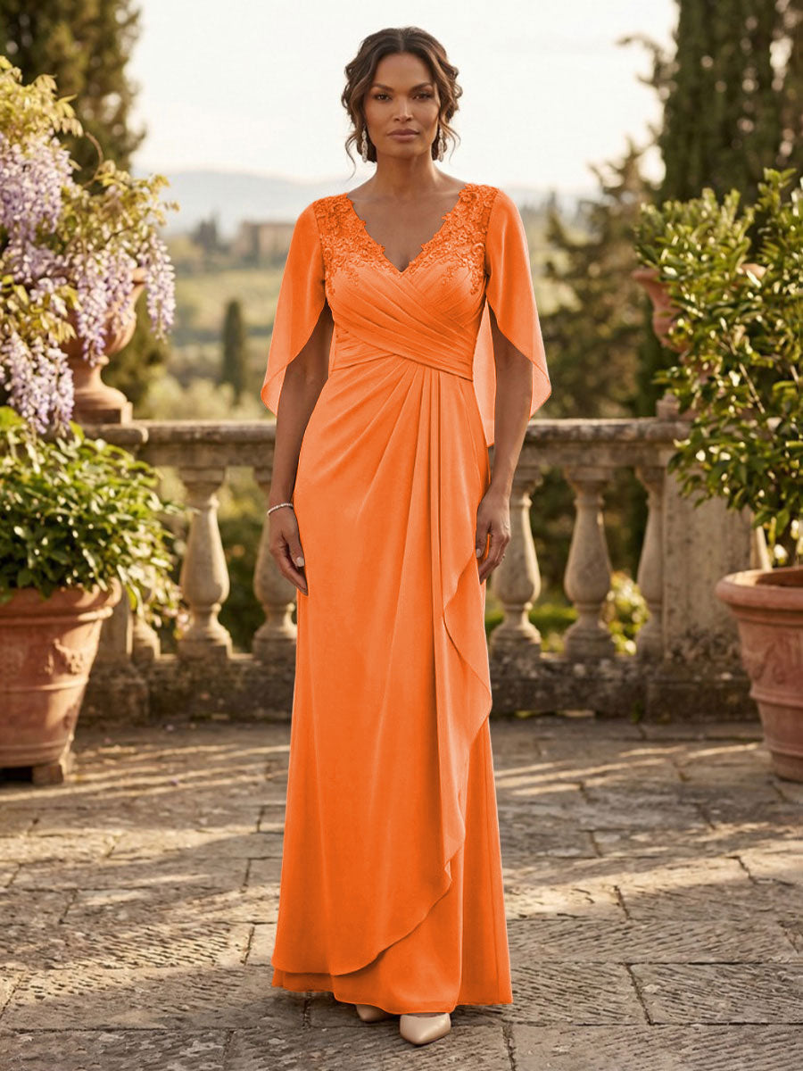 A-Line Chiffon Cape Sleeves Floor-Length Mother of the Bride & Groom Dresses with Ruched Waist (SHI22500705)