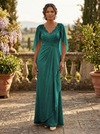 A-Line Chiffon Cape Sleeves Floor-Length Mother of the Bride & Groom Dresses with Ruched Waist (SHI22500705)