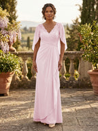 A-Line Chiffon Cape Sleeves Floor-Length Mother of the Bride & Groom Dresses with Ruched Waist (SHI22500705)