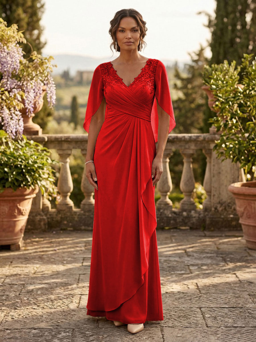A-Line Chiffon Cape Sleeves Floor-Length Mother of the Bride & Groom Dresses with Ruched Waist (SHI22500705)