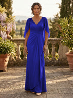 A-Line Chiffon Cape Sleeves Floor-Length Mother of the Bride & Groom Dresses with Ruched Waist (SHI22500705)