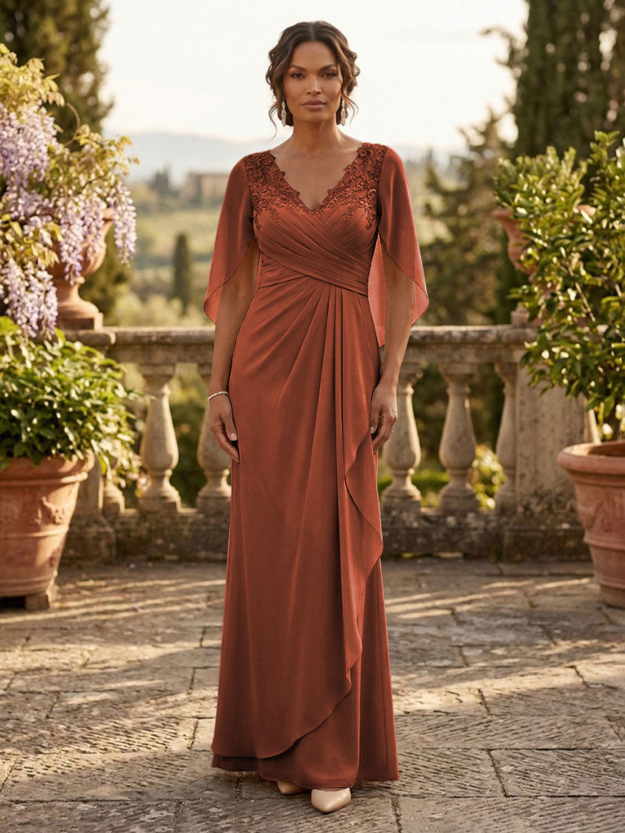 A-Line Chiffon Cape Sleeves Floor-Length Mother of the Bride & Groom Dresses with Ruched Waist (SHI22500705)