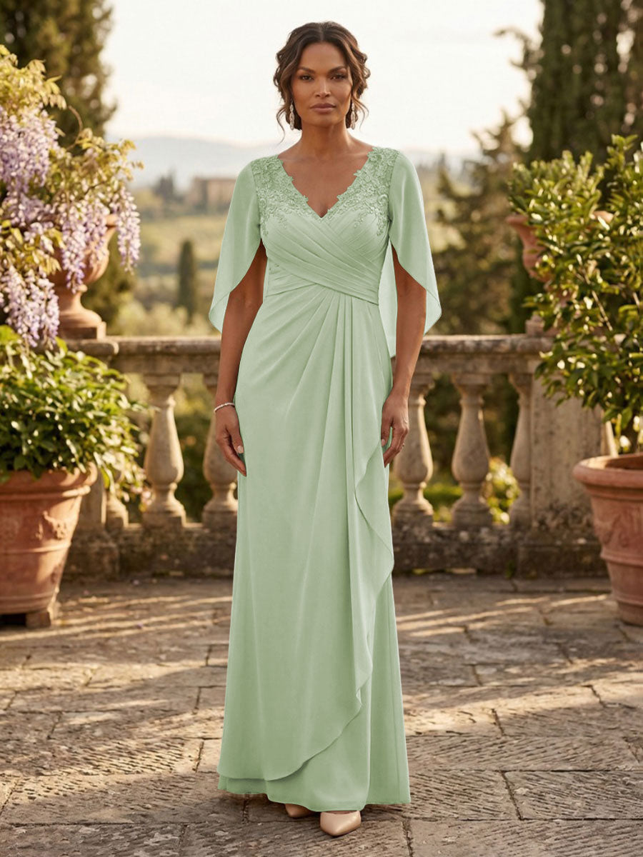 A-Line Chiffon Cape Sleeves Floor-Length Mother of the Bride & Groom Dresses with Ruched Waist (SHI22500705)
