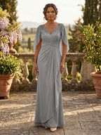 A-Line Chiffon Cape Sleeves Floor-Length Mother of the Bride & Groom Dresses with Ruched Waist (SHI22500705)
