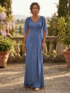 A-Line Chiffon Cape Sleeves Floor-Length Mother of the Bride & Groom Dresses with Ruched Waist (SHI22500705)