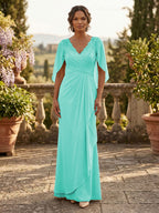 A-Line Chiffon Cape Sleeves Floor-Length Mother of the Bride & Groom Dresses with Ruched Waist (SHI22500705)