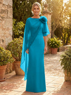 Sheath Satin 3/4 Sleeves Maxi Mother of the Bride & Groom Dresses with Chiffon Cape (SHI22500709)