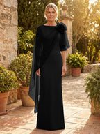 Sheath Satin 3/4 Sleeves Maxi Mother of the Bride & Groom Dresses with Chiffon Cape (SHI22500709)