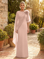 Sheath Satin 3/4 Sleeves Maxi Mother of the Bride & Groom Dresses with Chiffon Cape (SHI22500709)