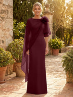Sheath Satin 3/4 Sleeves Maxi Mother of the Bride & Groom Dresses with Chiffon Cape (SHI22500709)
