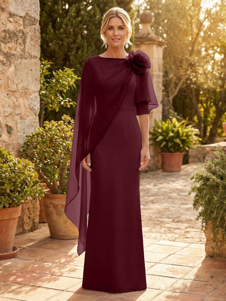 Sheath Satin 3/4 Sleeves Maxi Mother of the Bride & Groom Dresses with Chiffon Cape (SHI22500709)