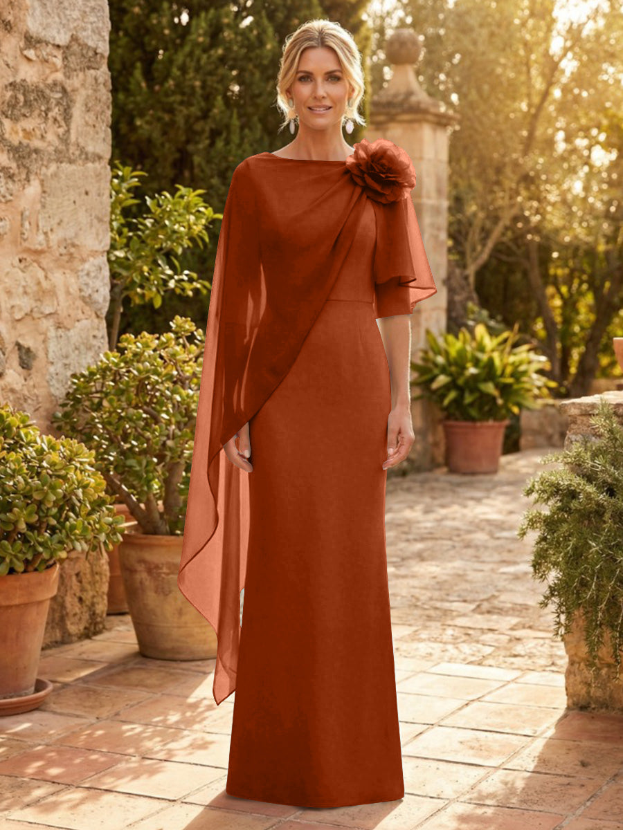 Sheath Satin 3/4 Sleeves Maxi Mother of the Bride & Groom Dresses with Chiffon Cape (SHI22500709)