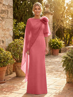 Sheath Satin 3/4 Sleeves Maxi Mother of the Bride & Groom Dresses with Chiffon Cape (SHI22500709)