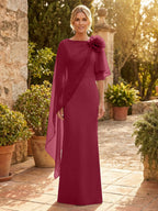 Sheath Satin 3/4 Sleeves Maxi Mother of the Bride & Groom Dresses with Chiffon Cape (SHI22500709)
