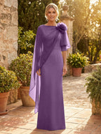 Sheath Satin 3/4 Sleeves Maxi Mother of the Bride & Groom Dresses with Chiffon Cape (SHI22500709)